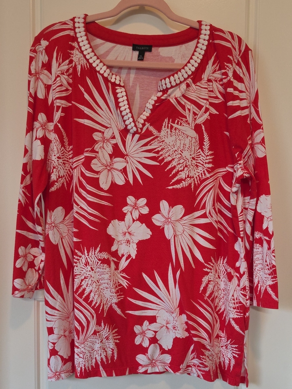Talbots Red and White Floral Split-Neck Tunic Top - XL
